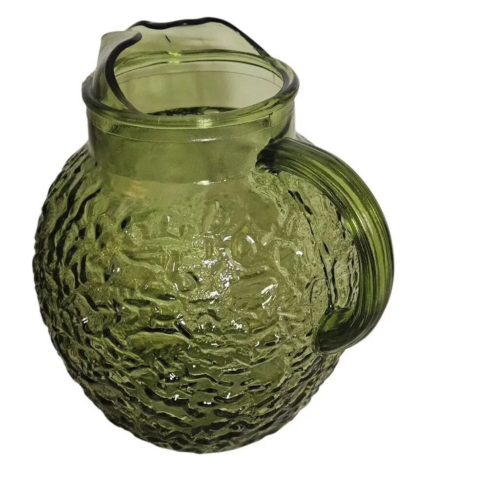Vintage Anchor Hocking Milano Pattern Avocado Green Crinkle Glass Ball Pitcher